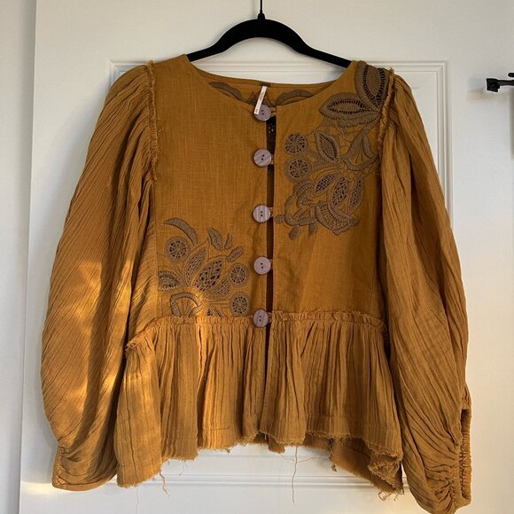Free People Boho Long Sleeve Mustard Yellow Shirt - Picture 1 of 3
